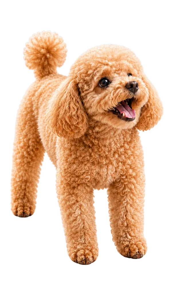 An apricot poodle with a playful, open-mouthed expression