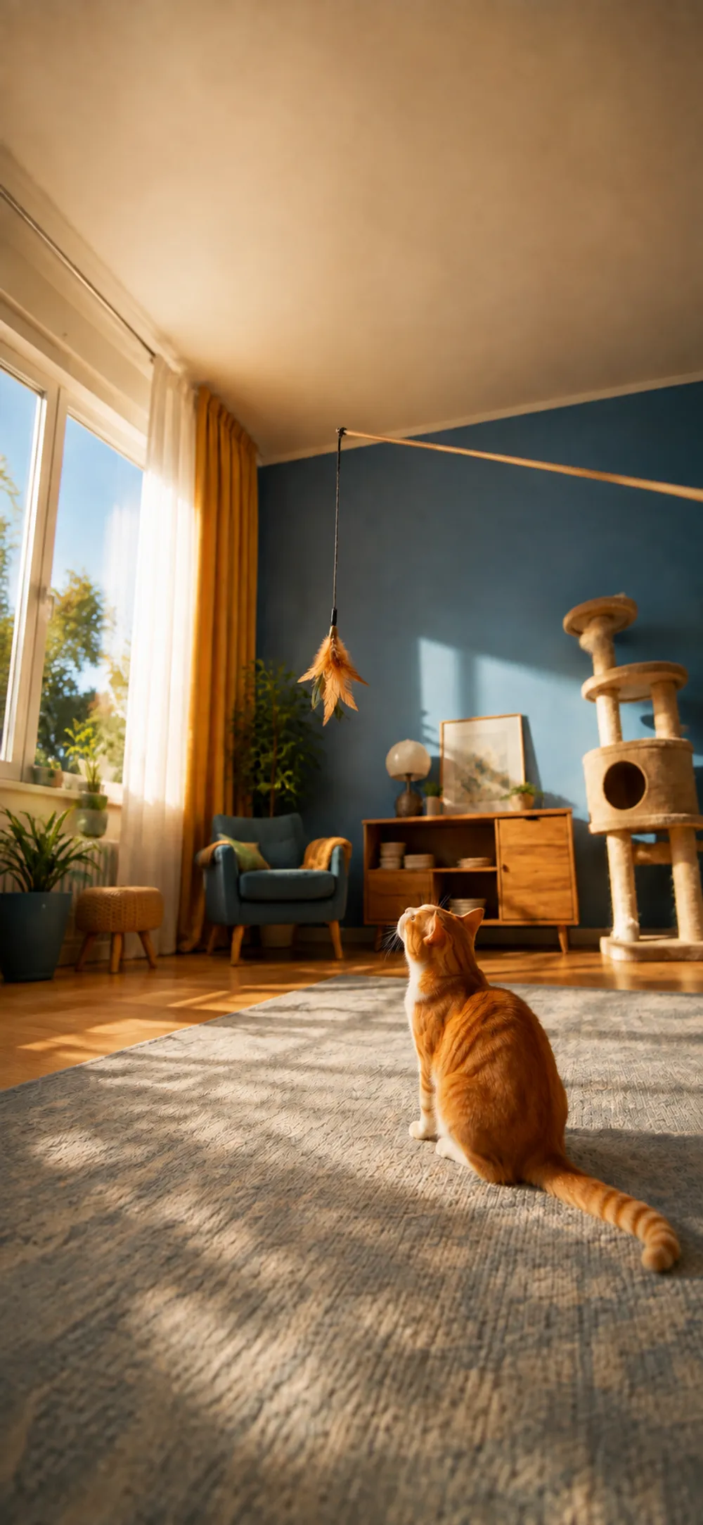 A sunlit living room, seen from a pet’s height